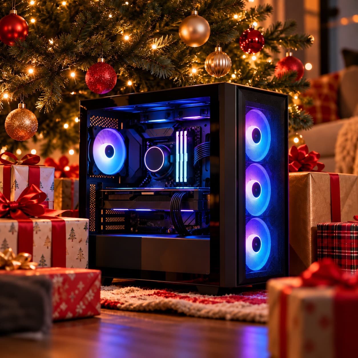 A gaming PC beside a wrapped Christmas present and holiday tree